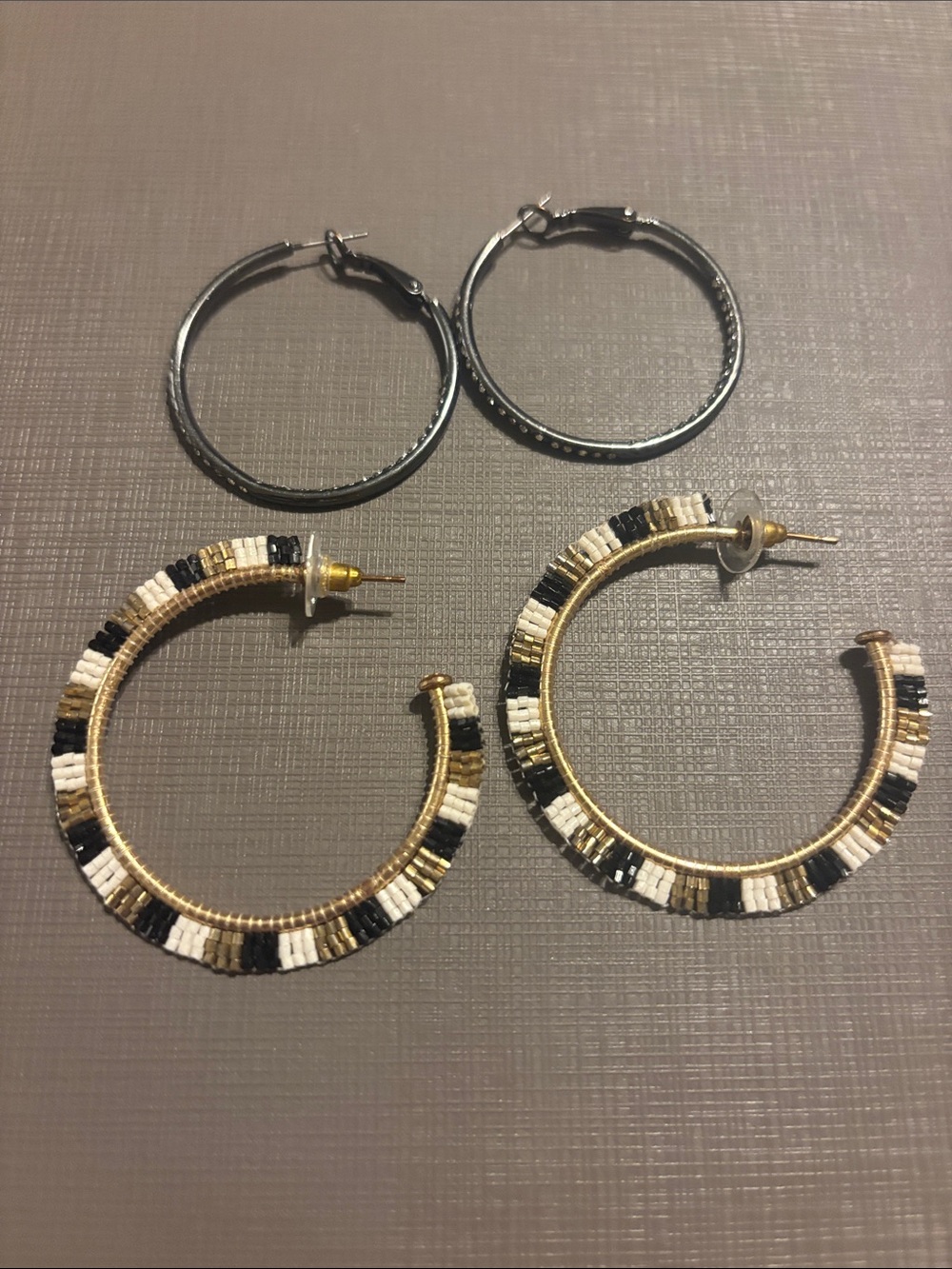 Gold Hoop Earrings with Black and White Bead Detail and black hoop earrings (2)
